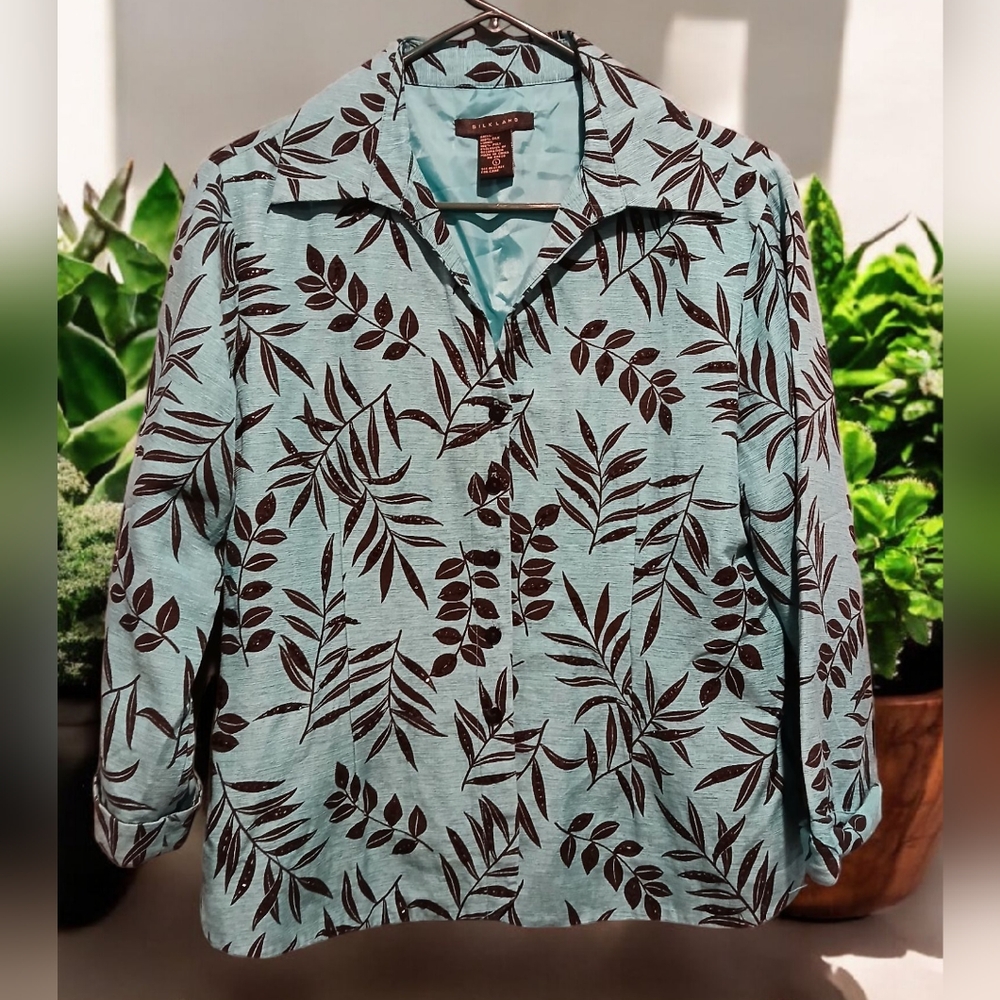 Silkland Turquoise Black Leaf Beads Womans Blazer Size Large Tropical